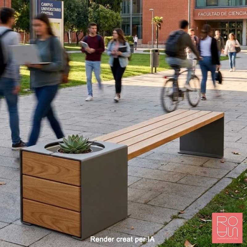 Banqueta urbana KUB. en acer i fusta